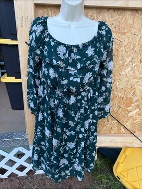 Dark Green Floral Ruffle-Neck Long Sleeve Dress